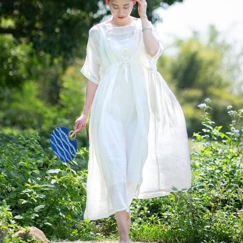 White ramie oversized FAIRY DRESS temperament Fairy Art national style summer long skirt A15