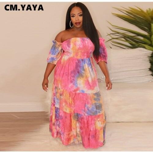 CM.YAYA Women Plus Size Dress Tie Dye Off Shoulder Short Sleeve Fit and Flare Long Maxi Dresses Office Lady Vestidos Summer 2021