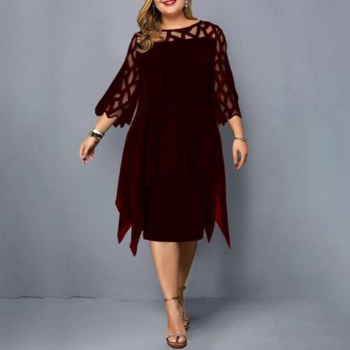 2021 Women Elegant Dress Breathable Mesh Stitching Tight Waist 3/4 Flare Sleeve Irregular Hem Knee Length Dress for Party