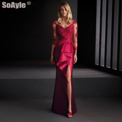SoAyle Elegant 3/4 Sleeves Evening Dress Burgundy Lace Beading Evening Party Dress Deep V-Neck Ruffles Evening Dresses Plus Size