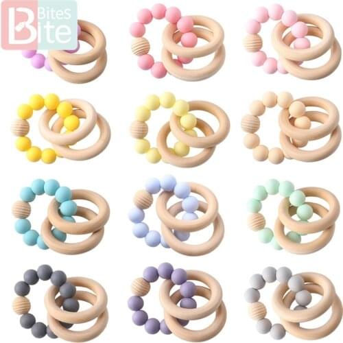 1Pc Baby Silicone Teether Baby Bracelets Rattle Silicone Threaded Bead Bangles Teething Wooden Ring Rodent Childrens Goods Gift