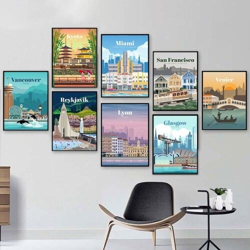 Retro Travel Famous City Posters Venice Iceland Miami Landscape Canvas Painting Cartoon Wall Art Prints Pictures Home Decoration