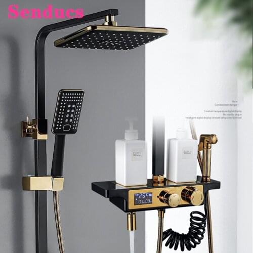 Bathroom Shower Set Senducs Hot Cold Bath Shower System Quality Brass Bathtub Shower Faucet Black Gold Digital Shower Mixer Set