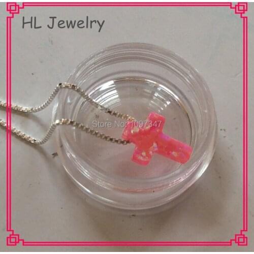 HL Opal Jewelry 30PCS/Lot OP42 Royal Pink Color 9*12MM Cross Synthetic Opal 925 Silver Necklace