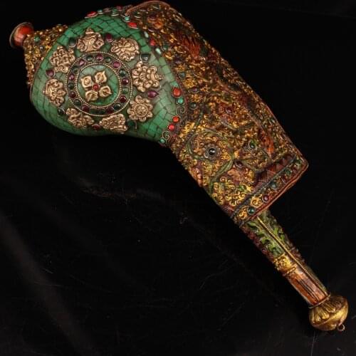 17"Nepal temple collection Old Natural conch package bronze outline in gold mosaic Eight baby stones Snail Dharma Town House