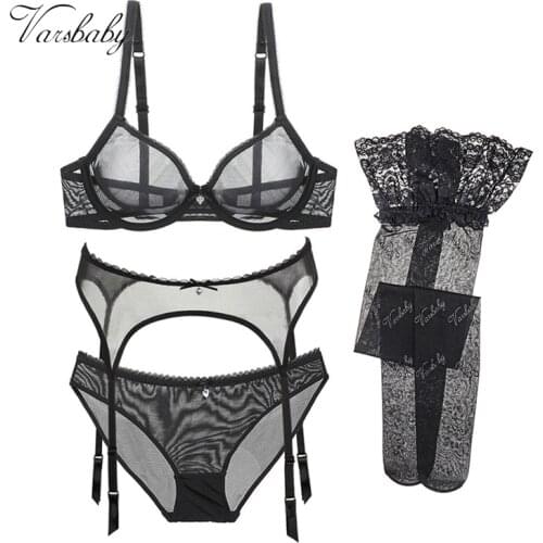 Varsbaby women sexy transparent underwear mesh bra sets letter stockings 4 pcs/lots