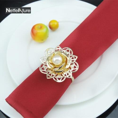 Fashion 6Pcs Alloy Multiple layers Flower Pearl Napkin Rings Serviette Holder Hotel Restaurant Wedding Table Decors Accessories