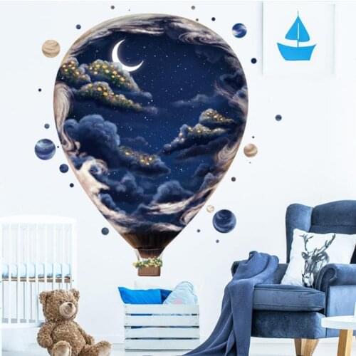 Cartoon Earth Star 3D Visual Hot Air Balloon Decals Childrens Room Decoration Moon Night Nursery Classroom Wall Stickers