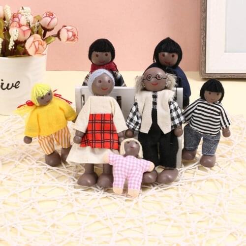 Kids Girls Lovely Happy Dolls Family Playset Wooden Figures Set Of 7 Black Doll Toy Children Favorite Accompanying Doll Interest
