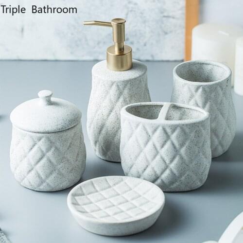 Nordic Bathroom Kit Ceramics Home Liquid Soap Dispenser Toothbrush Holder Tooth Mug Soap Dish Cotton Swab Box Five Piece Set