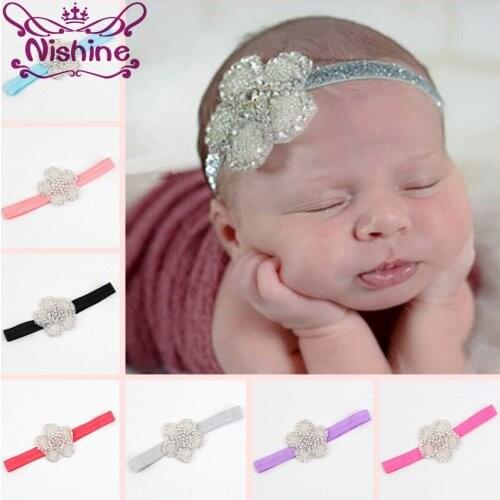 Nishine Newborn Clover Flower Rhinestone Headband Elastic Kids Hair Accessories Wedding Girls Kids Party Headwear Photo Prop