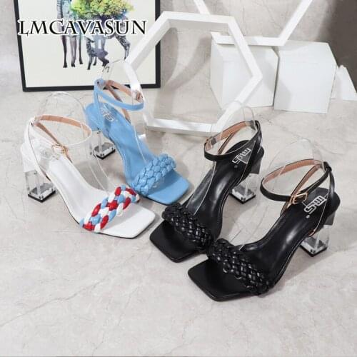 LMCAVASUN 2021 new foreign single womens shoes European and American fashion word buckle thick heel sandals fairy crystal heel