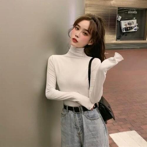 Autumn Turtleneck Slim Long Sleeve Thin Soft T-shirts Ladies Solid Tops Girls Solid Slim Basic Undershirts Tees Black T-shirts