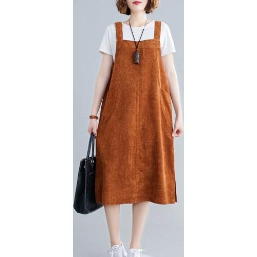 Women Summer Corduroy Dress Plus Size Spring Autumn New Dresses Vintage Black Sleeveless Pocket Vest Dresses Female vestidos