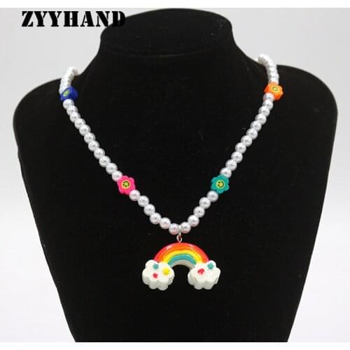 Fake Pearl Rainbow Women Pendant Necklace Girl Plastic Beads Smile Flower Face Charm 40CM Synthetic Pearl Neck Jewelry