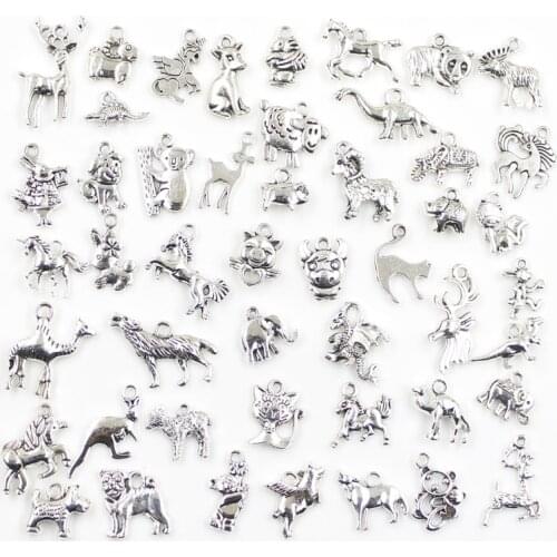 30pcs Charms Beer Dog Bull Wolf Pig Cat Sheep Deer Unicorn Antique Silver Color Mixed Pendants DIY Findings Tibetan Jewelry