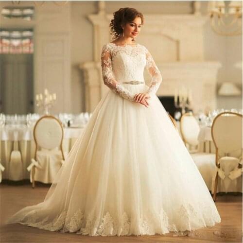 Scoop Neckline Tulle Romantic See through Arabic Wedding Dress Appliques Long Sleeves Beading Sash Lace Up