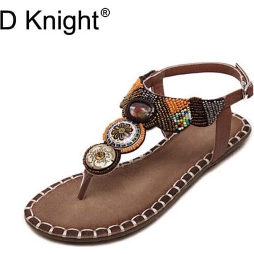 New Womens Flat Bohemia Sandals Vintage Ethnic String Beaded Gladiator Sandals For Women Ladies Casual Flip Flops Size 35-40