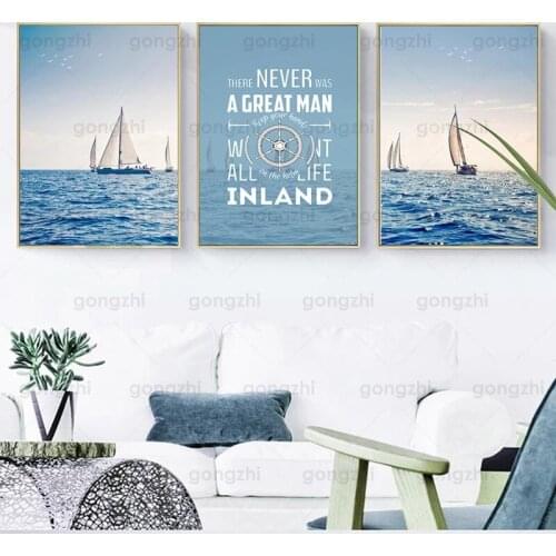 Nordic Canvas Painting Blue Ocean Sailing Boat English Alphabet Living Room Bedroom Cafe Bookstore Decor Printing Art Hd Poster