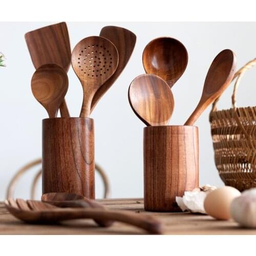 Teak Natural Wood Tableware Spoon Ladle Turner Rice Colander Soup Skimmer Cooking Spoon Scoop Kitchen Reusable Tool Kit