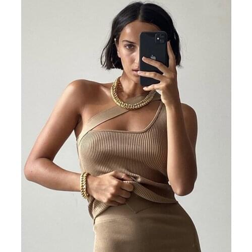 AU Minimalist Multiway Asymmetric Bandage Ribbed Knit Top Sexy Basic Black/Ivory/Camel Cutout Strapless Halter One-Shoulder Tank