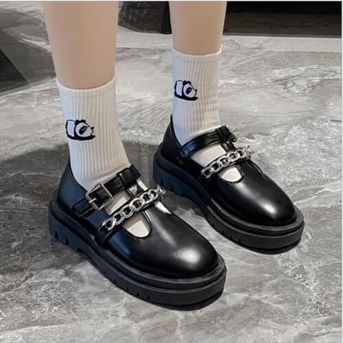 Gothic Lolita Shoes Women Chain Monk Straps Block Heels Mary Janes Flats Flatform Shoes