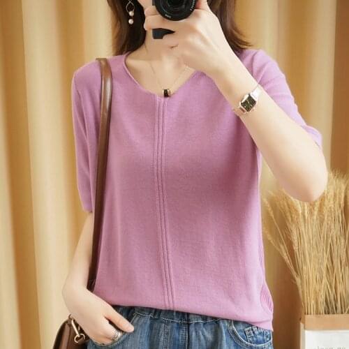 Pure cotton knitted sweater female pullover O-neck short-sleeved thin loose pullover female sweater knitted top soft