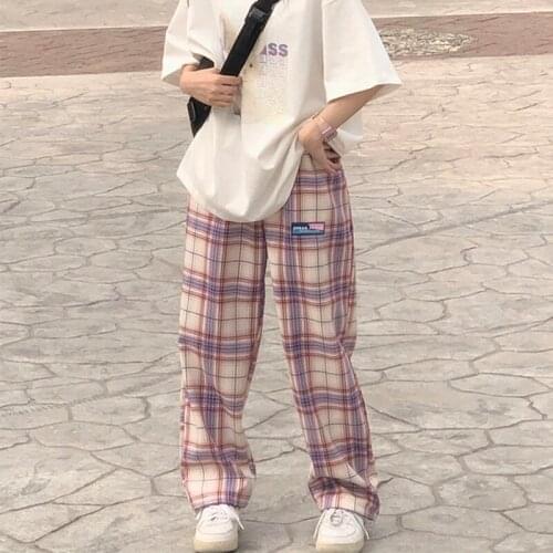 Harajuku Womens wide leg pant summer autumn high waist all-match teenagers streetwear trendy ins harajuku plaid womens pants