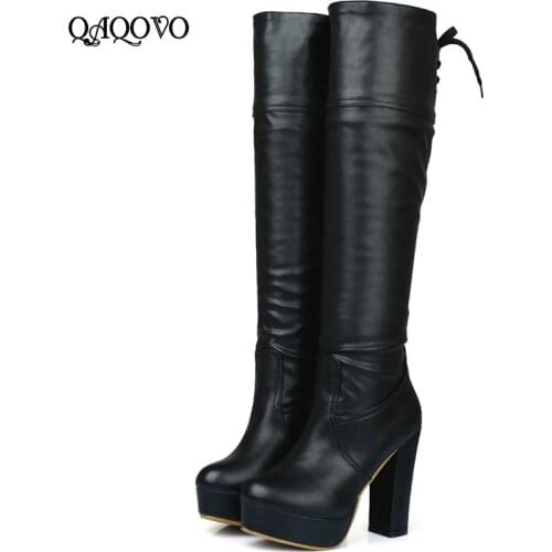 Spring Autumn Women Platform Knee High Boots Square High Heel Lacing Fashion Boots Winter Ladies Shoes Black Brown
