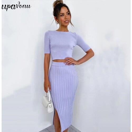 Free Shipping Elegant Ladies Tight Knit Skirt Set 2021 New O-neck Short Sleeve Pullover & High Waist Midi Skirt Two-piece Set