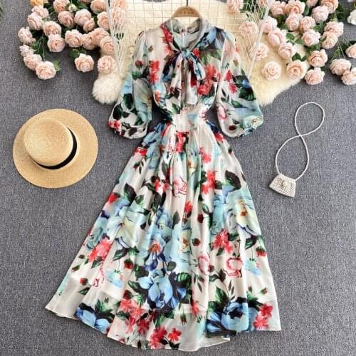 Europe Luxury Style 2021 New Summer Elegant Womens Bow Vintage Floral Print 3/4 Sleeve Chiffon Long Dress Female Dresses