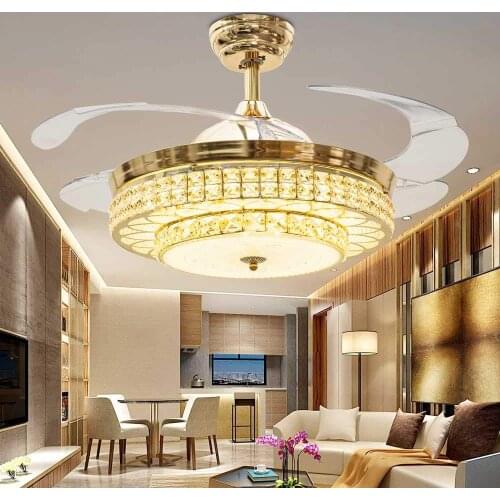 42" Invisible European Crystal Ceiling Fans with LED Light and Remote, Indoor Ceiling Light with 4 Retractable ABS Blades Fans