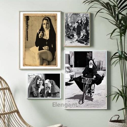 Sexy Nun Photo Black and White Poster Vintage Art Prints Hot Lips Cool Naughty Bad Girl Canvas Painting Wall Picture Home Decor
