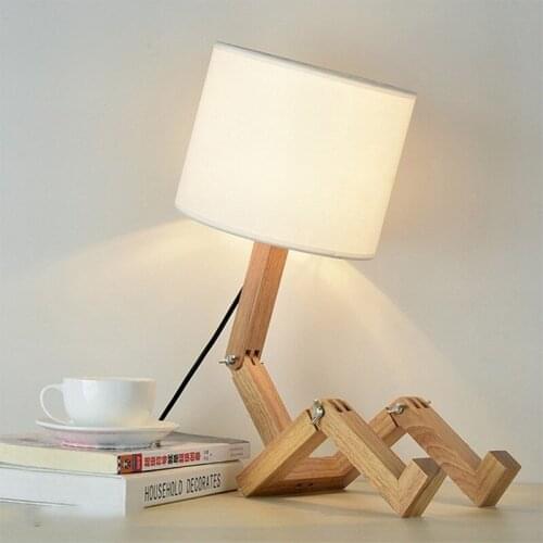 Wooden Table Lamp for bedroom Robot Shape E27 Lamp Holder Modern Cloth Art Wood Desk Table Lamp Parlor Indoor Study Night Light