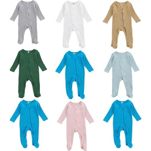 FOCUSNORM 7 Colors Newborn Baby Girls Boys Footie Rompers Solid Long Sleeve Ruffles Zipper Jumpsuits 0-6M
