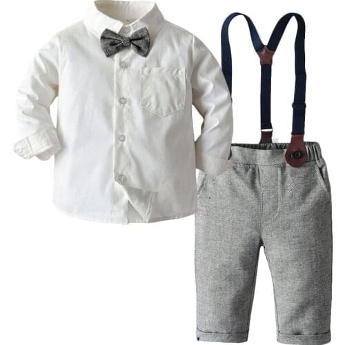 Fashion Kids Clothing Sets Boy Gentleman Suit Long Sleeve White Bowtie Shirt+Overalls 2Pcs Clothes Outfits Tuxedo