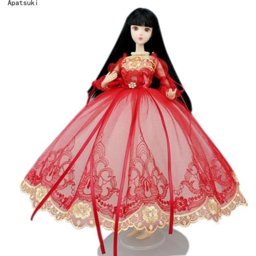 Red Golden Handmade Princess Wedding Dress For Barbie Doll Outfits Clothes 1/6 Dolls Accessories Puff Sleeve Bowknot Gown Toys