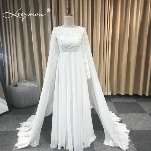 Leeymon Elegant Ivory Chiffon Muslim Evening Dress Appliques Beaded Long Sleeves with Cape Party Gown robe de soiree Long Dress