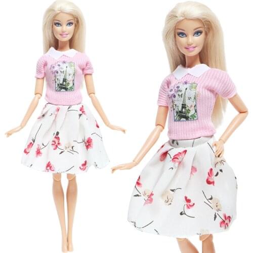 Fashion Pink Tops Shirt Dress Flower Pattern Skirt Outfit Accessories Daily Casual Wear Clothes for Barbie Doll 12" Puppet Toy