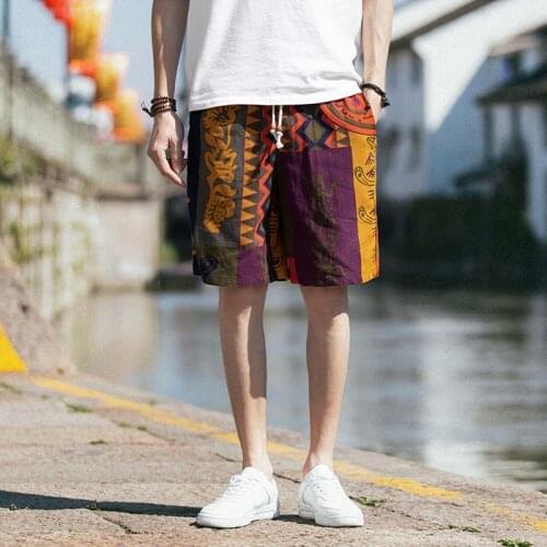 Mens linen shorts Japanese Casual Shorts Men Drawstring Printed Streetwear Mens Shorts Summer Men Shorts Cotton Linen Clothes
