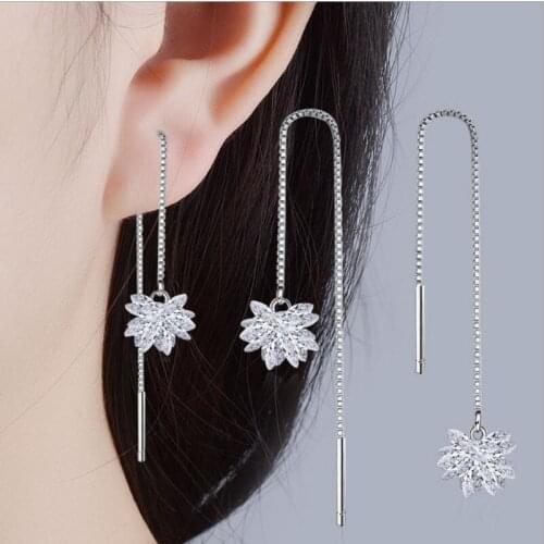 TJP Charm 925 Silver Women Earrings Jewelry Trendy Clear Crystal Flower Girl Long Tassel Earring Accessories Bride Wedding Bijou