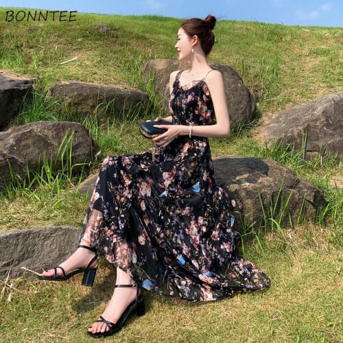 Dresses Women Print Chiffon V-Neck French Style Slim Elegant Sleeveless Fashion Sexy Female Vestidos Holiday Sweet Girls Cozy