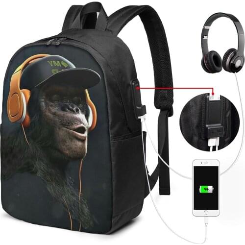 Designer DJ Monkey Men USB Backpacks for Travelling Business Large Capacity Boys Cool Animal School Backpack with Name Tag