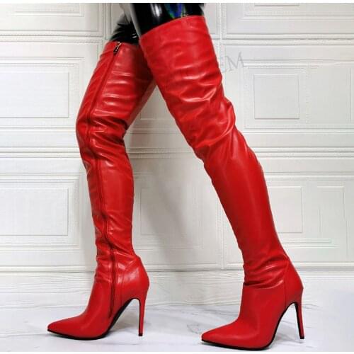 DOHBANER Sexy Women Thigh High Boots Faux Leather Side Zip Boots High Heels Botas Mujer Female Shoes Woman Big Size 42 44 46 47