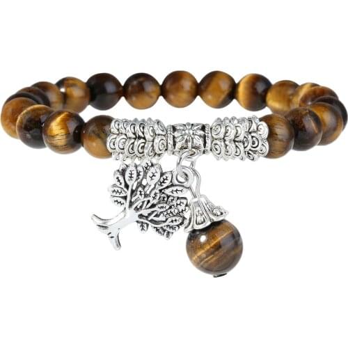 Handmade Round Stone Tree of Life Stretch Bracelet for Women Men, 7" Strand