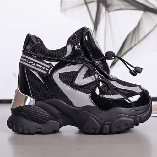 Fashion Women Black Chunky Sneakers Breathable Mesh High Platform Sneakers Height Increasing Casual Shoes Woman 2021 Spring