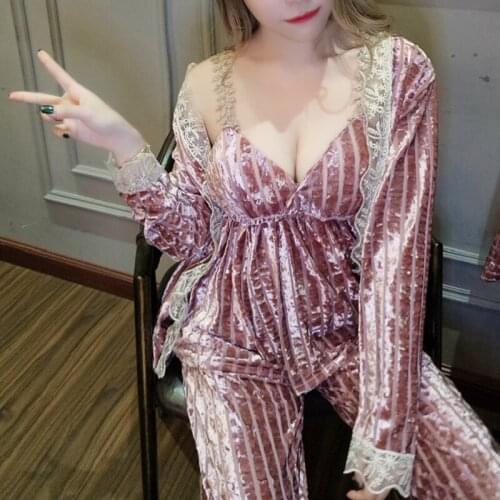 4 pieces Gold Velvet Pajamas Set For Women Winter Spring Warm Ladies Sexy Lace Pink Pajama Sleepwear Sleeveless Strap Nightwear