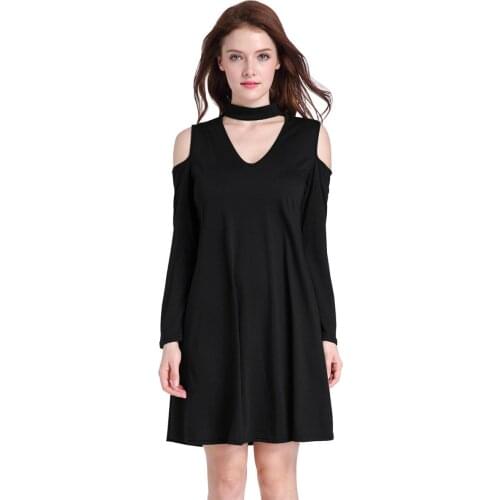 Summer Short Dress Women Clothes Off Shoulder Elbise Solid Color V-Neck Loose Long Slevee Elegant Moda Mujer Jurk Black Dress