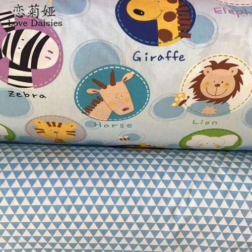100% cotton cartoon zoo animals blue tri-angle twill cloth DIY for kids bedding cushions handwork patchwork fabrics tissue tela