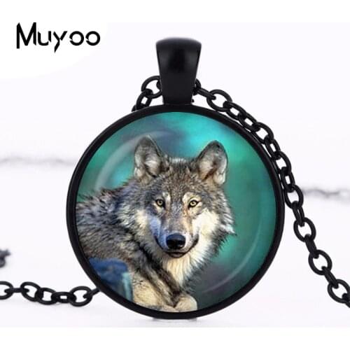 Handicraft Jewelry Vintage Wolf Pendant Necklace Round Photo Chain Glass Cabochon Colares Femininos HZ1